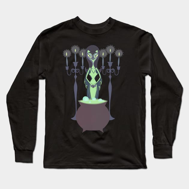 Halloween Witch Kitty at Cauldron Long Sleeve T-Shirt by BluVelvet